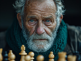 Old man sitting in front of chess board