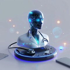 A virtual healthcare AI assistant depicted as a floating hologram, with a stethoscope symbol glowing The minimalist background enhances focus on the assistant s innovative display