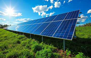Solar panels in the field and blue sky with white clouds
