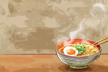 A steaming bowl of ramen, garnished with fresh vegetables and softboiled egg The empty, neutraltoned background brings clarity to the intricacies of the regional flavors