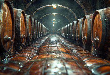 Wine barrels stacked in the old cellar of the winery.