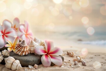 Arranged on a smooth coral stone table, tropical flowers and seashells bask under warm, natural light. The blurred background offers an open canvas, accentuating the unique natural beauty of the