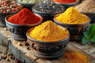 Exotic Aromas: Vibrant Spices in Traditional Bowls on Ancient Wooden Table