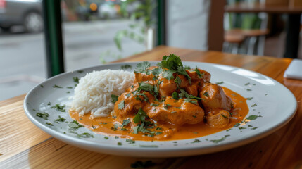 Classic peruvian aji de gallina dish served with rice and fresh cilantro on a white plate in a cozy restaurant setting
