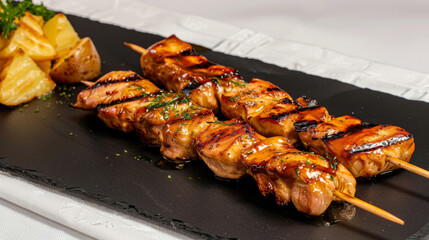 Grilled peruvian anticuchos with golden potatoes on a modern slate platter, served against a white background