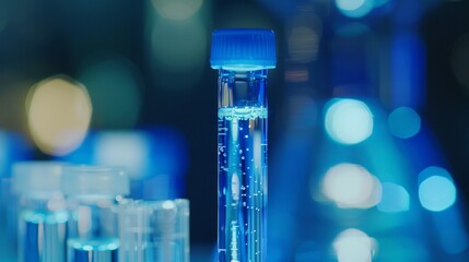 Closeup of a test tube filled with a saliva sample, clearly labeled and surrounded by soft blue lighting The empty, blurred background enhances the visibility of the intricate details