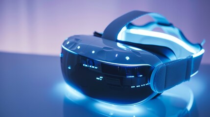 Closeup of a virtual reality headset glowing with health data, used for rehabilitation exercises The empty, softly lit background enhances focus on the sleek design and immersive tech