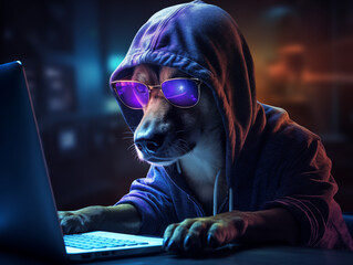 Hacker dog working with computer	