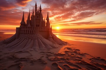 Splendid sandcastle on the shore basking in the warm glow of a sunset