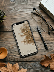 A minimalist desktop scene features a sleek smartphone, merging functionality with contemporary design. AI generative.