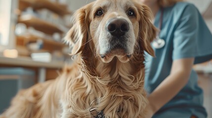 Veterinarian examining a pet Golden Retriever with a stethoscope on an examination table. Dog owner visits modern veterinary clinic to check on his furry friend