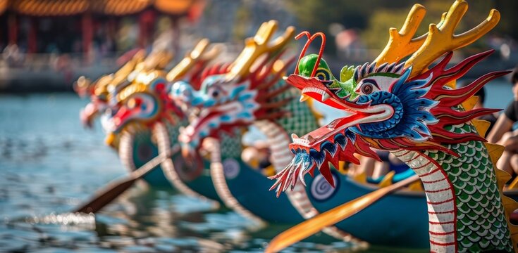 A silhouette of a dragon boat team racing at dusk with water glistening in the fiery sunlight, evoking the fervor of the sport. Asian festival