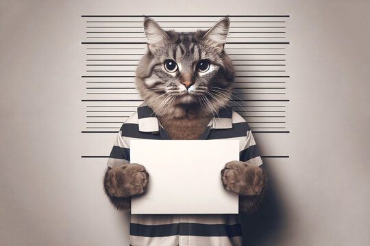 Cat holding banner offender. Police photo imitation.