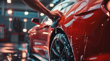Adult Man Cleaning Away Dirt, Preparing a Red Modern Sportscar for Detailing. Creative Cinematic Photo with Sport Vehicle.