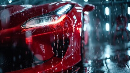 In this low key cinematic studio, we have a modern red performance vehicle with LED headlights being washed at a dealership car wash. Close up commercial photo of a fast car being washed at a