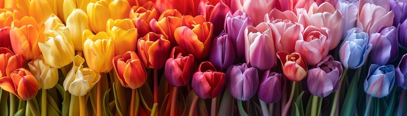 Fototapeta premium Image description: A field of tulips in various colors, including red, yellow, orange, pink, and purple.