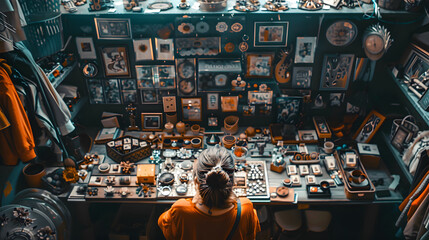 A woman is looking at a table full of trinkets and jewelry