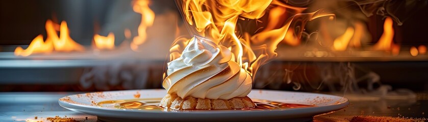 Flaming Baked Alaska dessert with vanilla ice cream and toasted meringue.