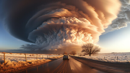 Minimalistic Cloudscape of A Supercell Tornado Standing 100 Feet Away Landscape Background