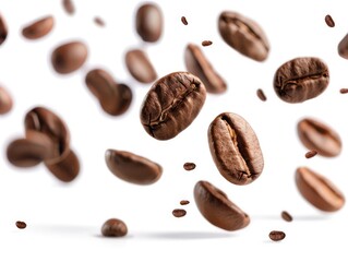 flying coffee beans on white background