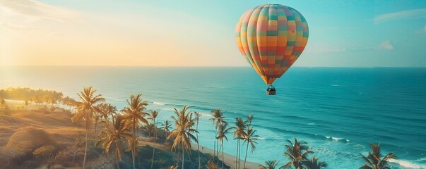 Fototapeta premium Vibrant Hot Air Balloon Floating Above Tropical Coastal Landscape with Ocean and Palm Trees