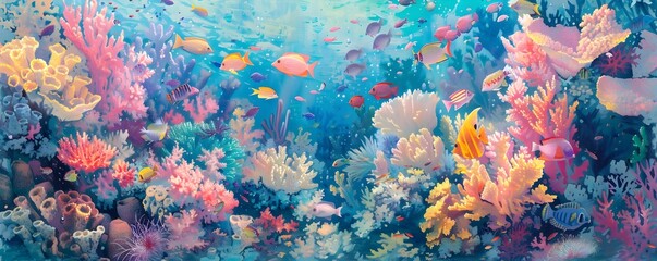Naklejka premium Vibrant Pastel Coral Reef Teeming with Whimsical Marine Life in a Dreamy Underwater Wonderland