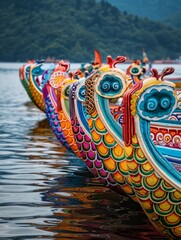 A close-up view of a dragon boats head with a backdrop of rowers on a tranquil lake during a...