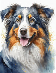 Watercolor illustration of dog Australian Shepherd breed. Puppy portrait, cute home domestic pet