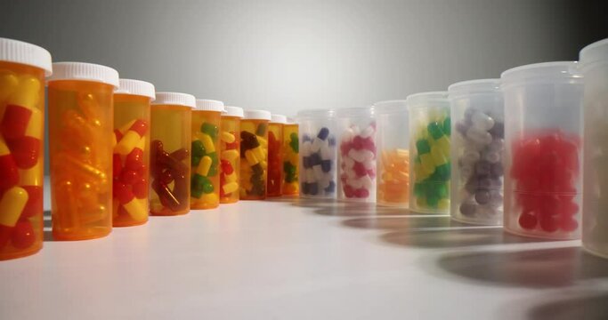 Plastic bottles with medical capsules. Various dietary supplements and vitamins for body health and beauty