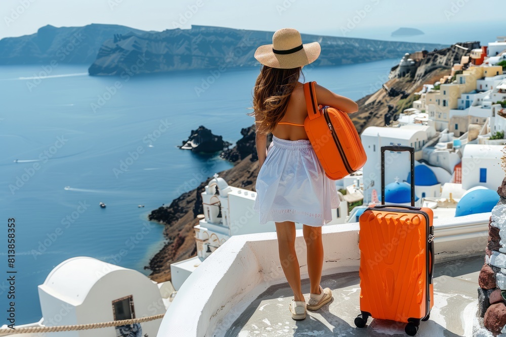 Wall mural young woman with orange travel suitcase on santorini island in greece, happy moment with young woman