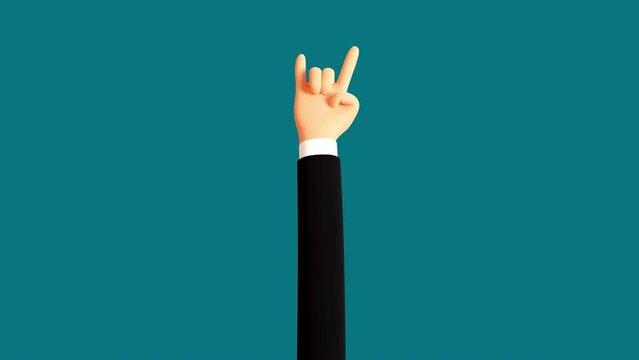 Horns hand gesture. Heavy metal gesture 3d cartoon hand. Looping animation with alpha channel.