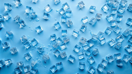 Ice cubes on blue background. Cold, freezing. Top view.