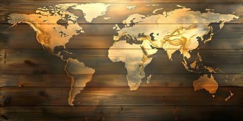 Vintage Mercator Projection World Map on Wooden Background with Grunge Textures. Concept Travel, Vintage, Mercator Projection, World Map, Wooden Background