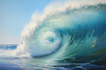 Obraz premium Vibrant, high-resolution image capturing the dynamic curve and spray of an ocean wave