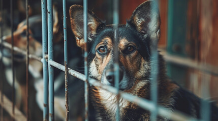Closeup of sad looking dog in kennel or animal shelter