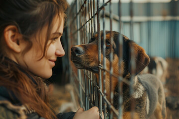 Closeup of woman in animal shelter choosing dog to adopt