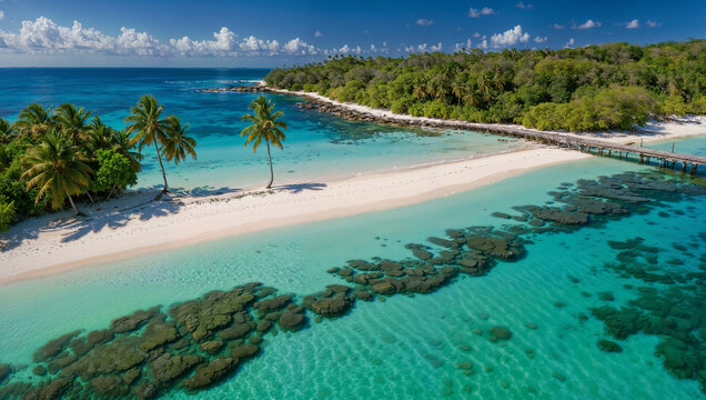  Isola di un atollo tropicale in mezzo all'oceano con sabbia bianca e una foresta di palme rigogliose circondata da acqua cristallina ripresa dall'alto da un drone