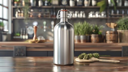 Blank stainless steel growler mockup on a brewery table, with flight paddles and hops displays around, ideal for craft beer brands.