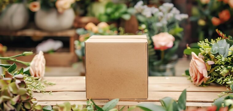 Blank square kraft paper packaging box mockup on a fresh flower market stall, surrounded by bouquets and greenery, ideal for floristry branding.