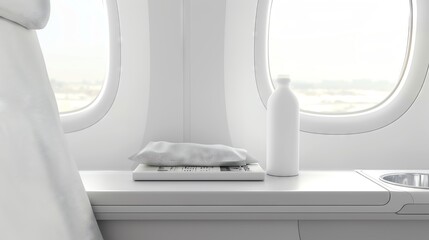 Blank travel-size bottle mockup on an airplane tray table, with a neck pillow and a travel magazine, ideal for airline amenity kits.