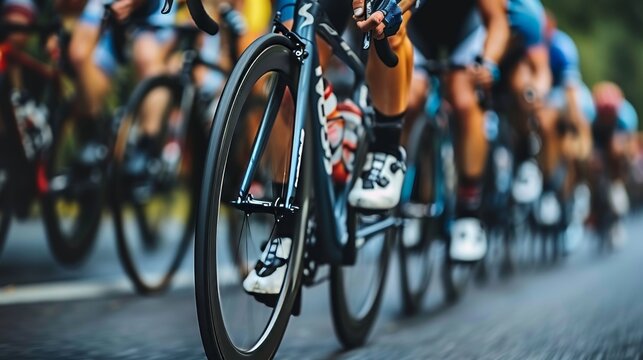 Professional cyclist athletes in high speed, intense competition at cycling event