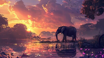 An elephant drinking water from a lake shilhotee illustration colorful