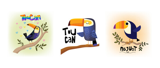 Tropical toucan birds on branch, forest on background hand drawn vector illustration.