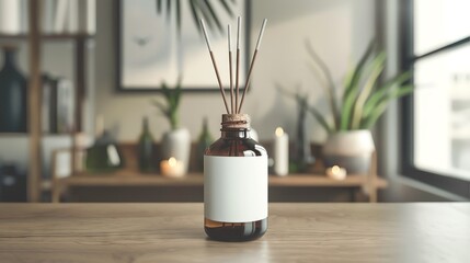 Blank matte glass bottle mockup in a yoga studio lobby, with incense sticks and serene artwork, perfect for aromatherapy oils.
