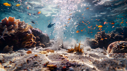 Coral bleaching by climate change. Dead and dying coral reef due to global warming and boiling