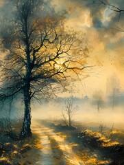 Sunlit tree with path in an autumn scene