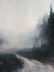Misty forest road in an abstract painting style