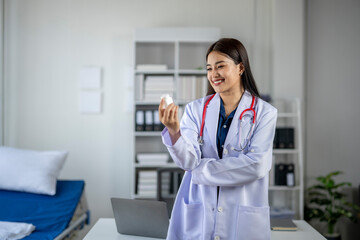 A woman in a white lab coat is holding a tablet in front of her