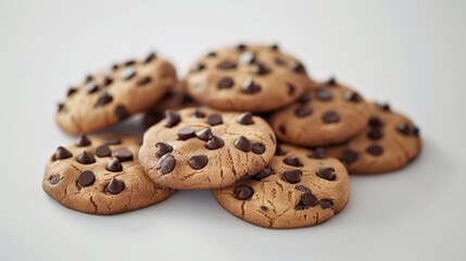 A pile of chocolate chip cookies on a white background.