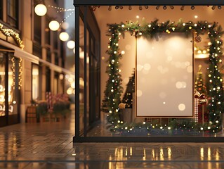 Blank holiday poster mockup on a department store window, with festive decorations and bright lights, perfect for seasonal promotions.